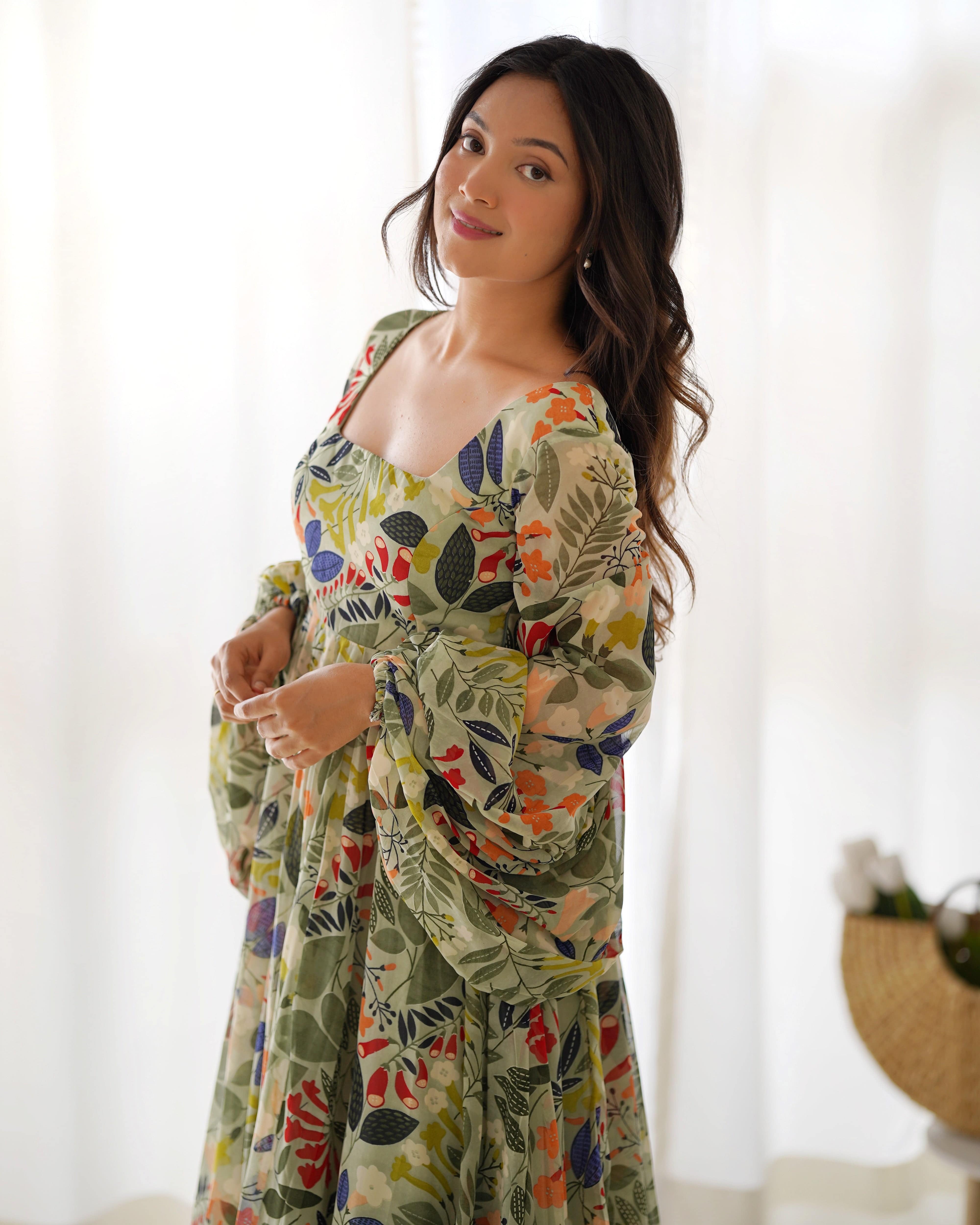 Vibrant Floral Maxi Dress: Pure Soft Fox Georgette, Fully Flared with Balloon Sleeves ā Perfect for Summer Festivities and Weddings!