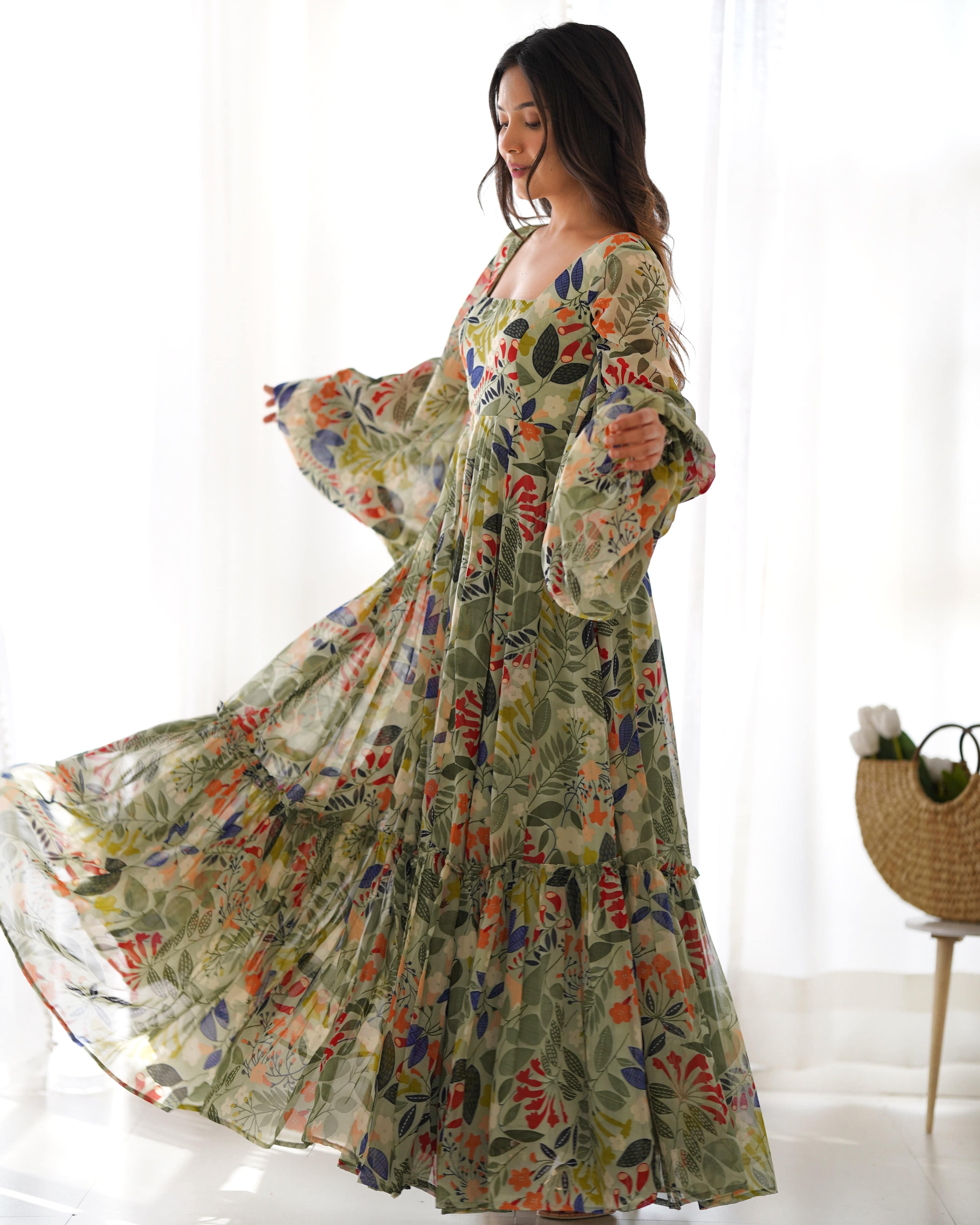 Vibrant Floral Maxi Dress: Pure Soft Fox Georgette, Fully Flared with Balloon Sleeves ā Perfect for Summer Festivities and Weddings!