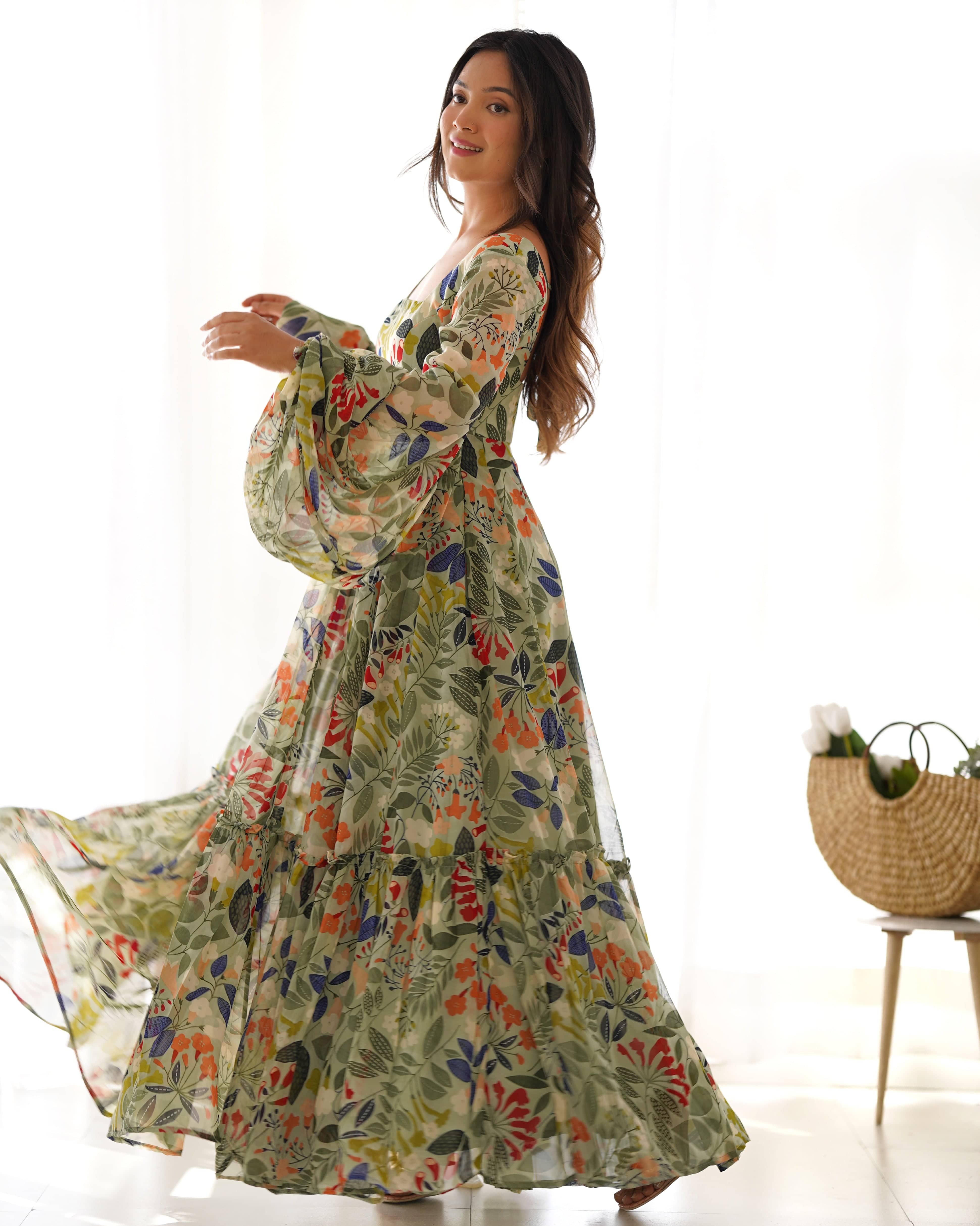 Vibrant Floral Maxi Dress: Pure Soft Fox Georgette, Fully Flared with Balloon Sleeves ā Perfect for Summer Festivities and Weddings!