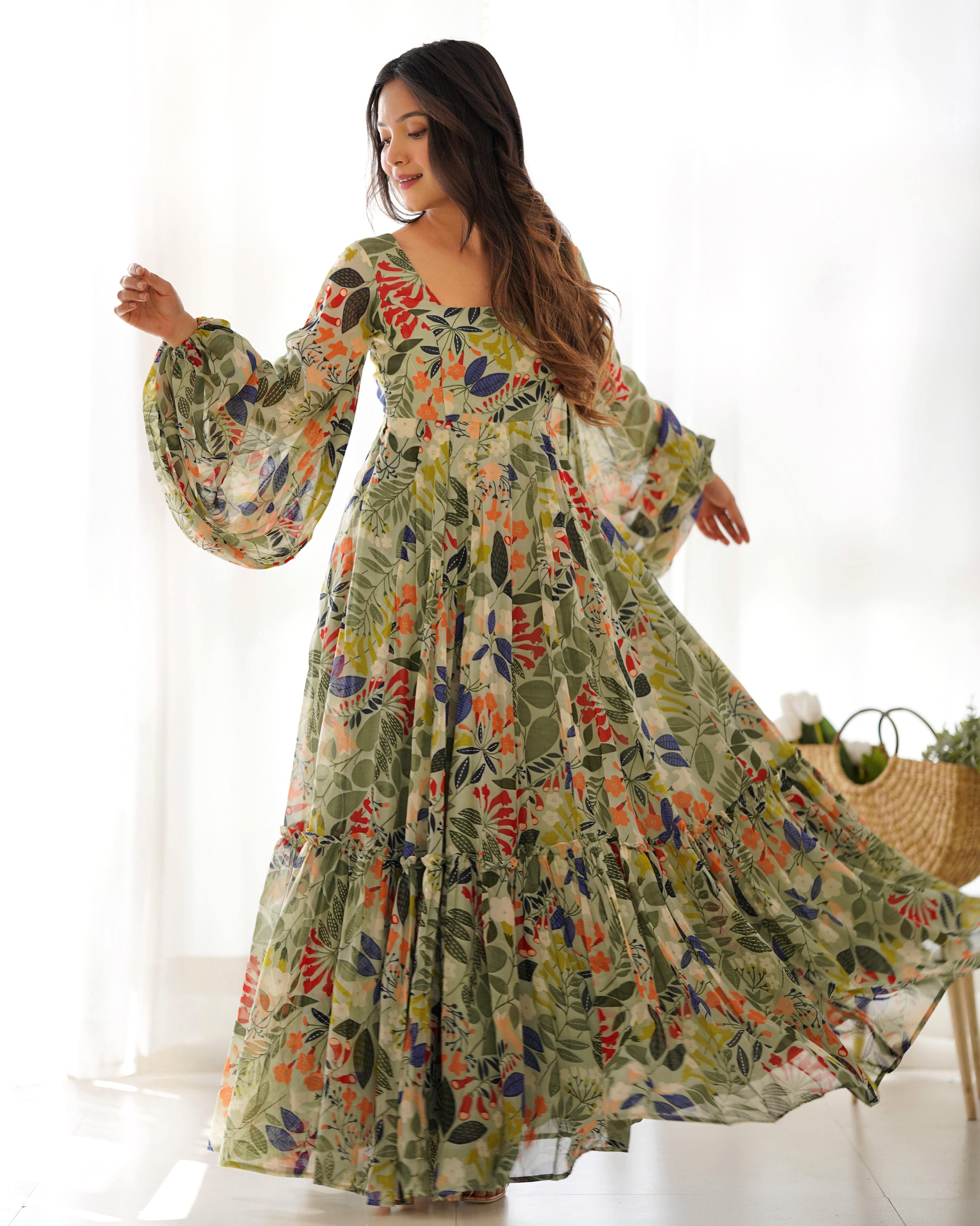 Vibrant Floral Maxi Dress: Pure Soft Fox Georgette, Fully Flared with Balloon Sleeves ā Perfect for Summer Festivities and Weddings!