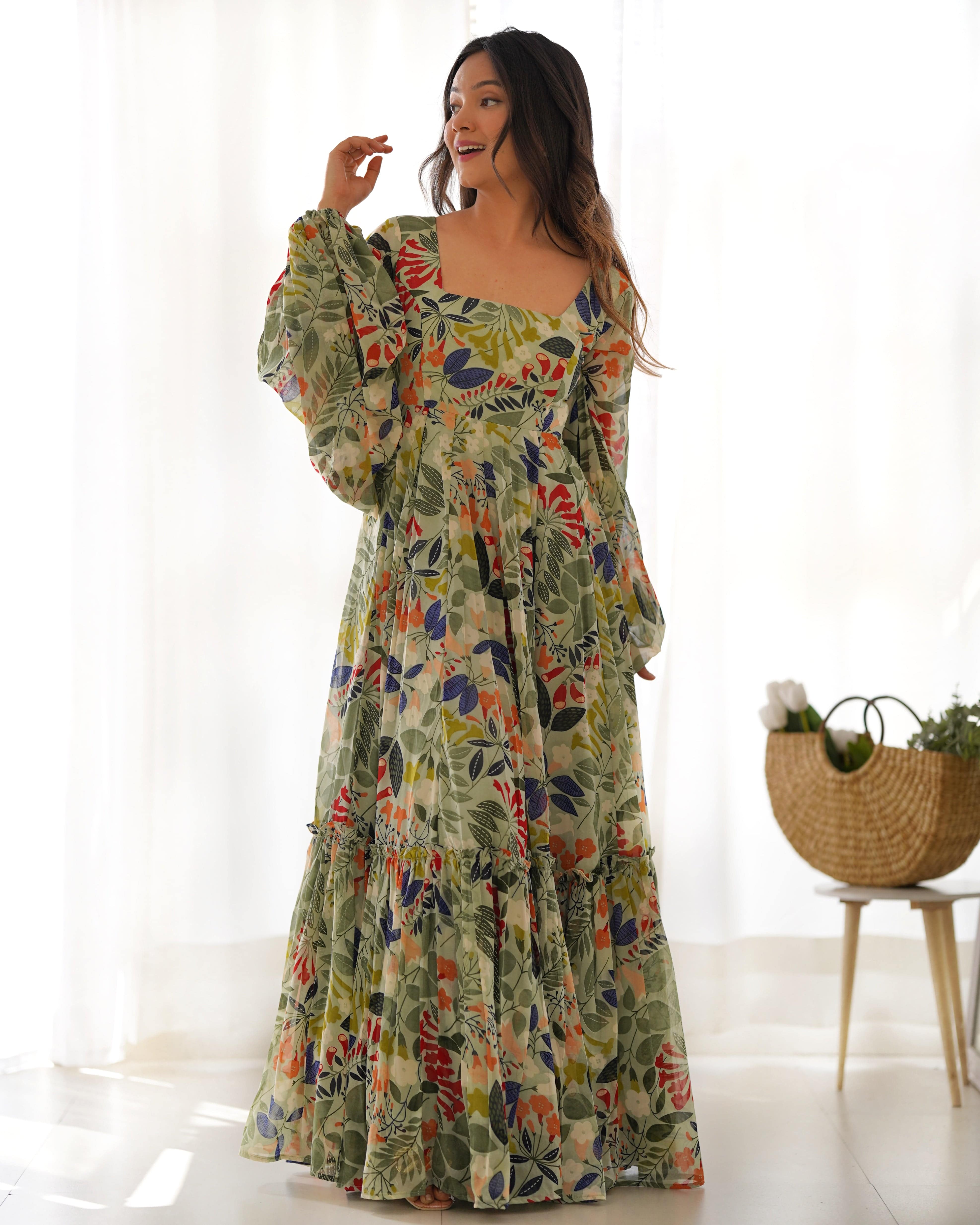 Vibrant Floral Maxi Dress: Pure Soft Fox Georgette, Fully Flared with Balloon Sleeves ā Perfect for Summer Festivities and Weddings!