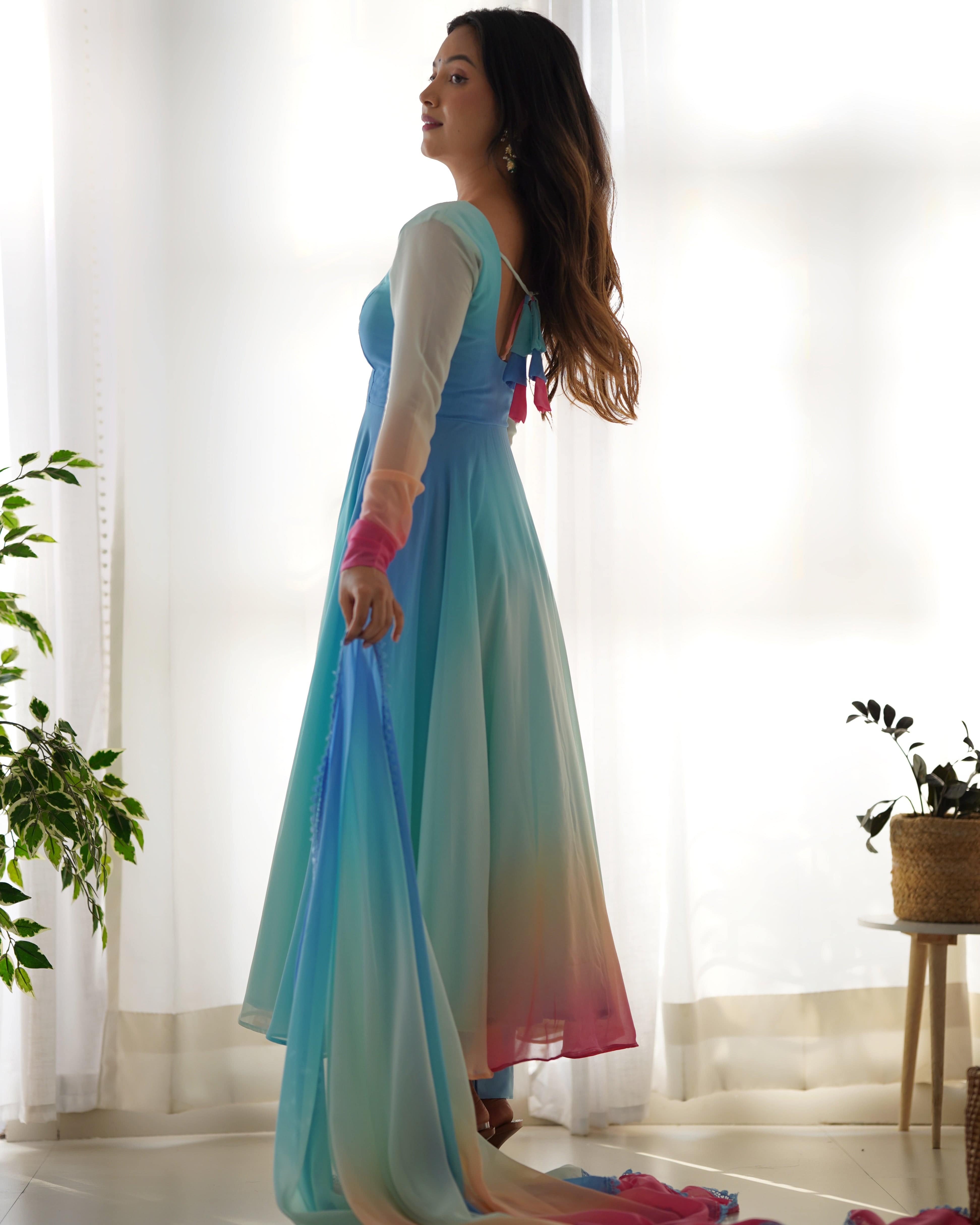 This Colorful Lightweight & Fresh Look Outfit - Pure Soft Fox Georgette Fully Flared Anarkali with Dupatta Set and Pants, Ready to Wear - Perfect for Upcoming Festivities and Weddings