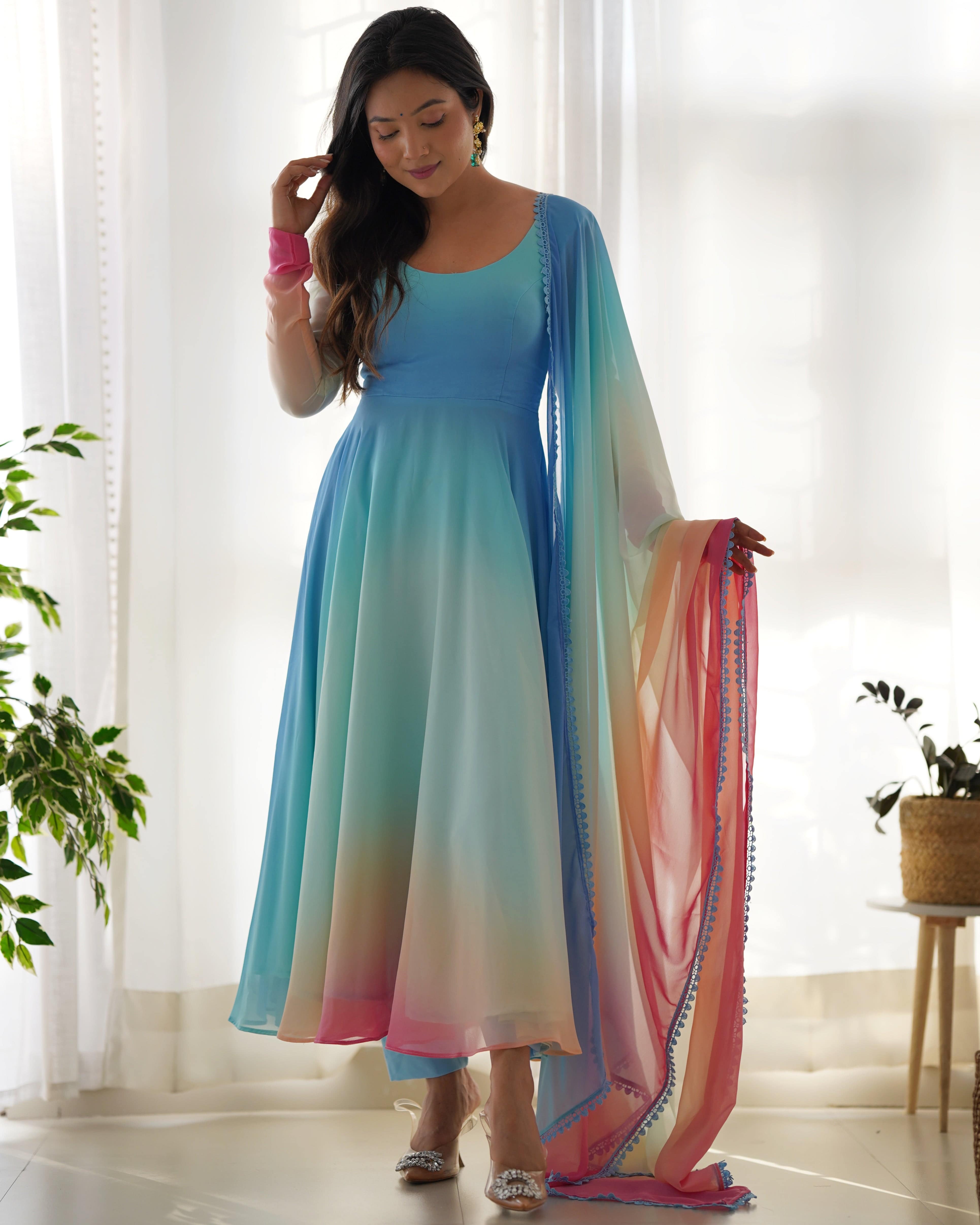 This Colorful Lightweight & Fresh Look Outfit - Pure Soft Fox Georgette Fully Flared Anarkali with Dupatta Set and Pants, Ready to Wear - Perfect for Upcoming Festivities and Weddings
