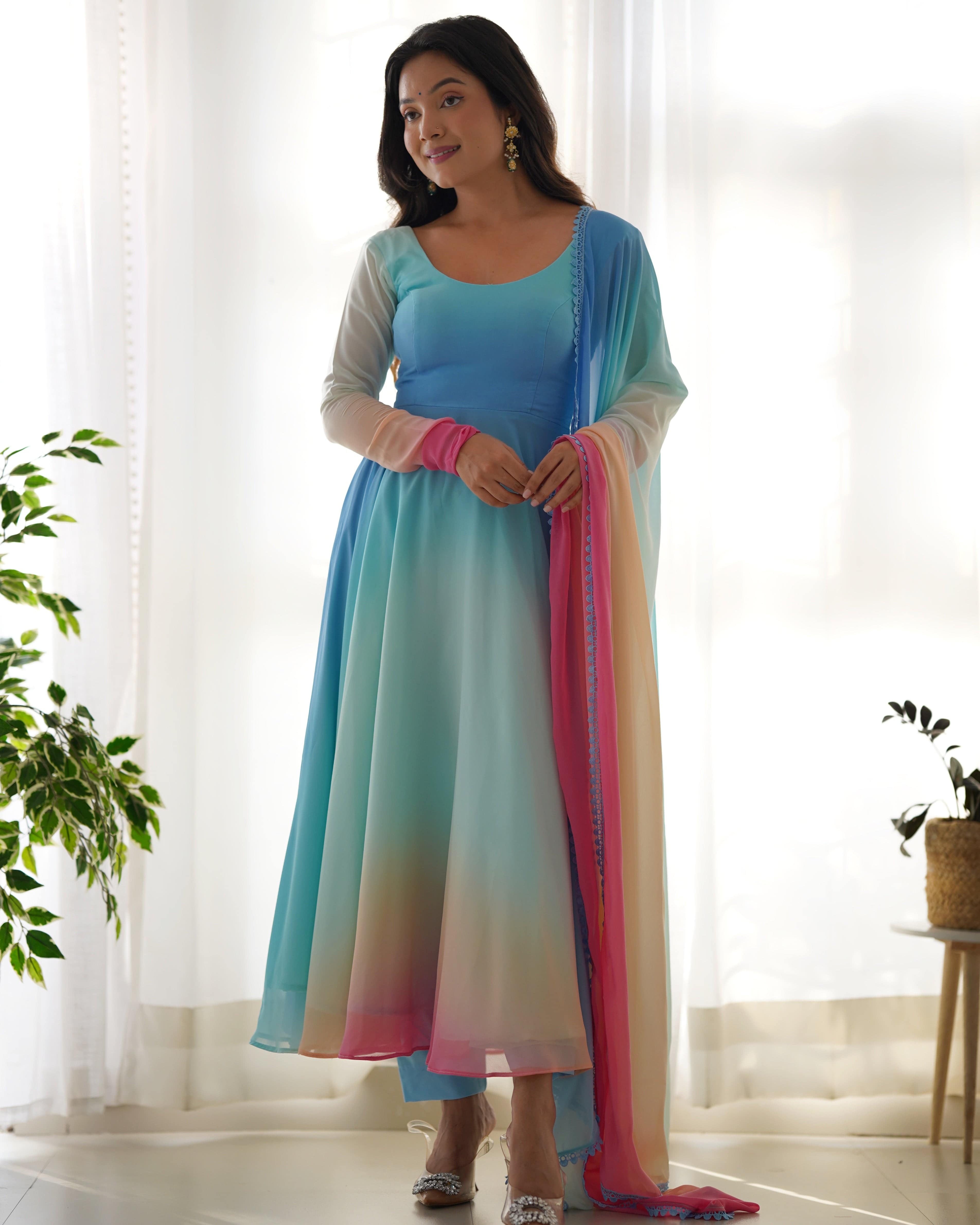 This Colorful Lightweight & Fresh Look Outfit - Pure Soft Fox Georgette Fully Flared Anarkali with Dupatta Set and Pants, Ready to Wear - Perfect for Upcoming Festivities and Weddings