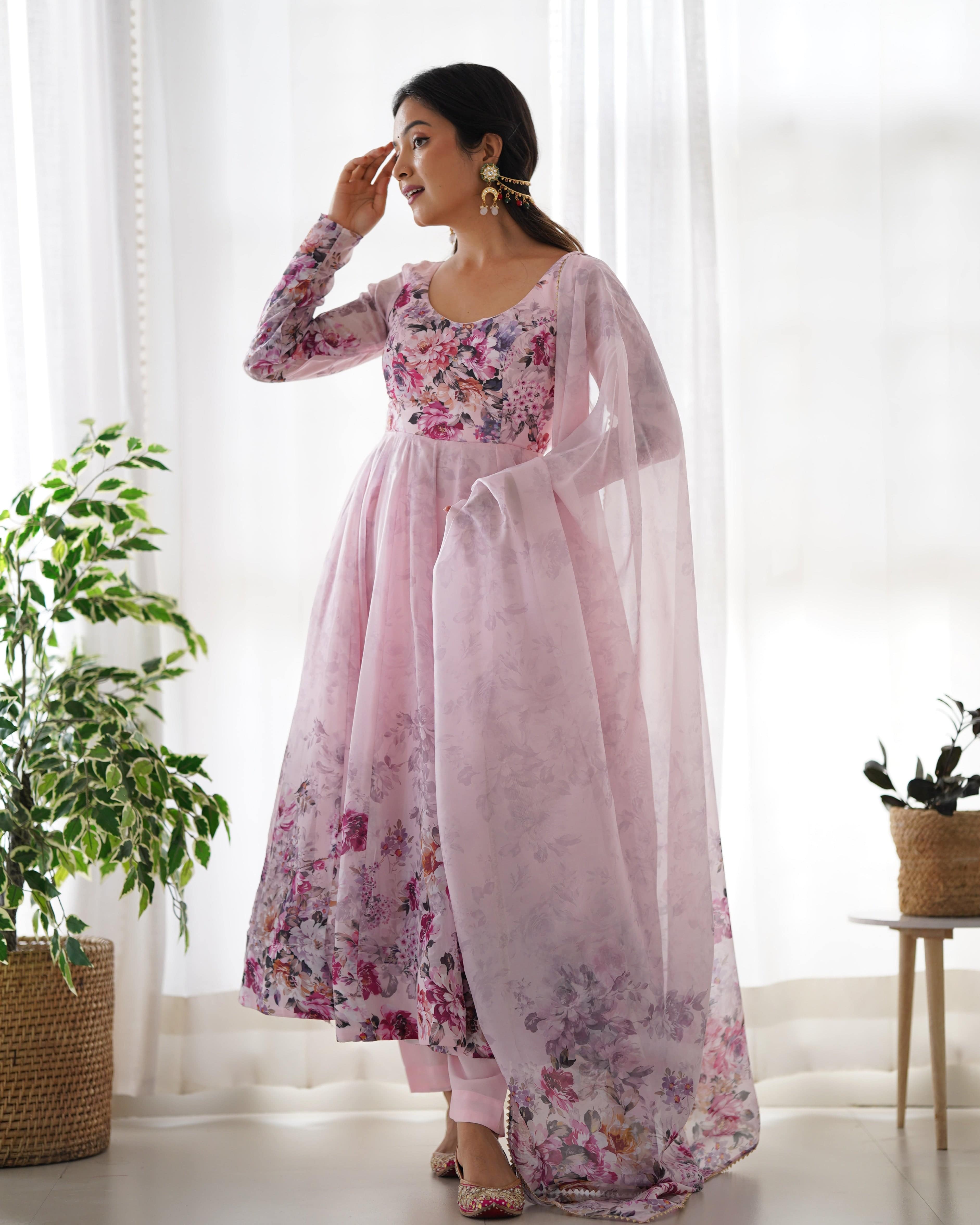 Colorful Lightweight Organza Silk Anarkali Set with Dupatta & Pants ā Perfect for Festivities!