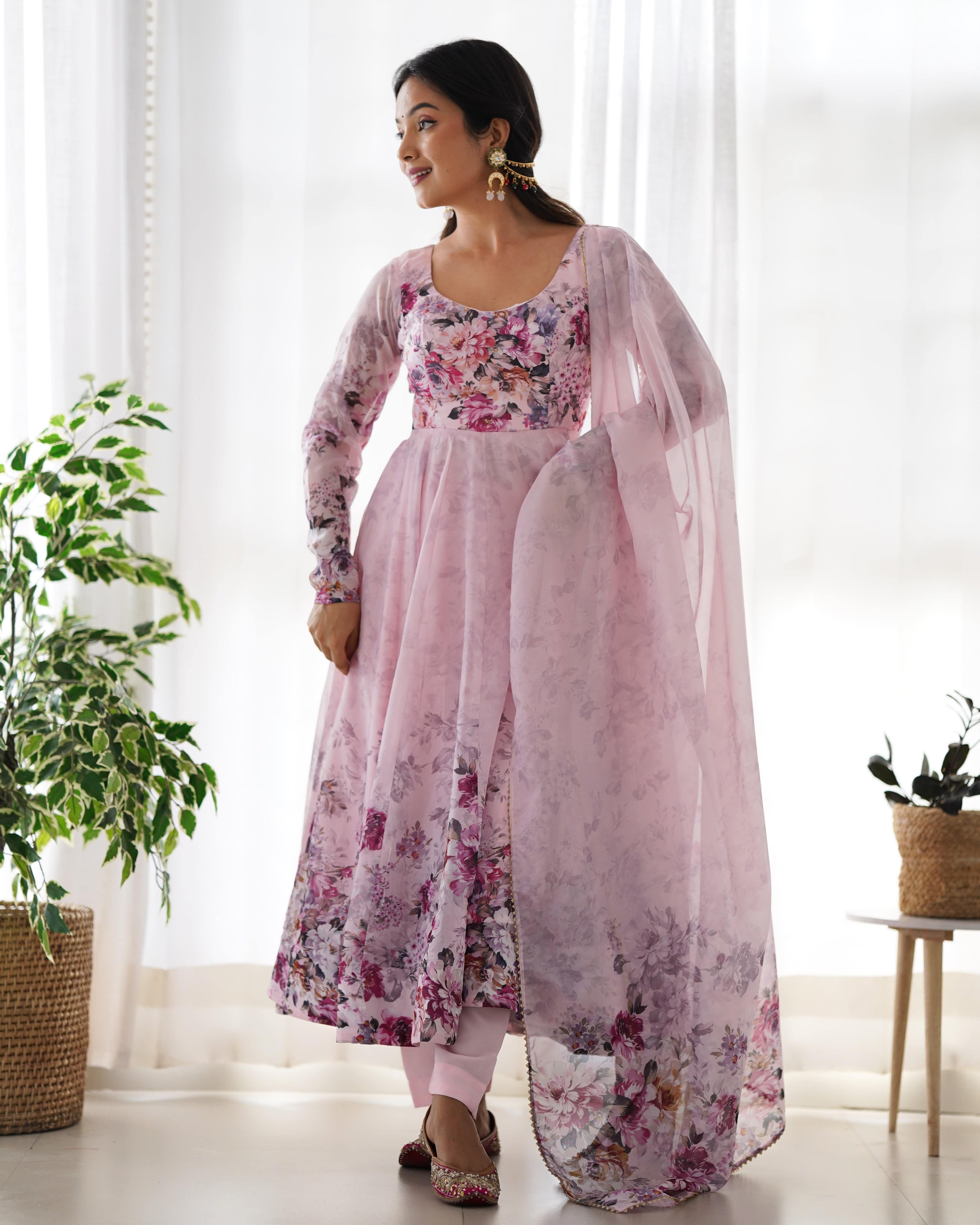 Colorful Lightweight Organza Silk Anarkali Set with Dupatta & Pants ā Perfect for Festivities!