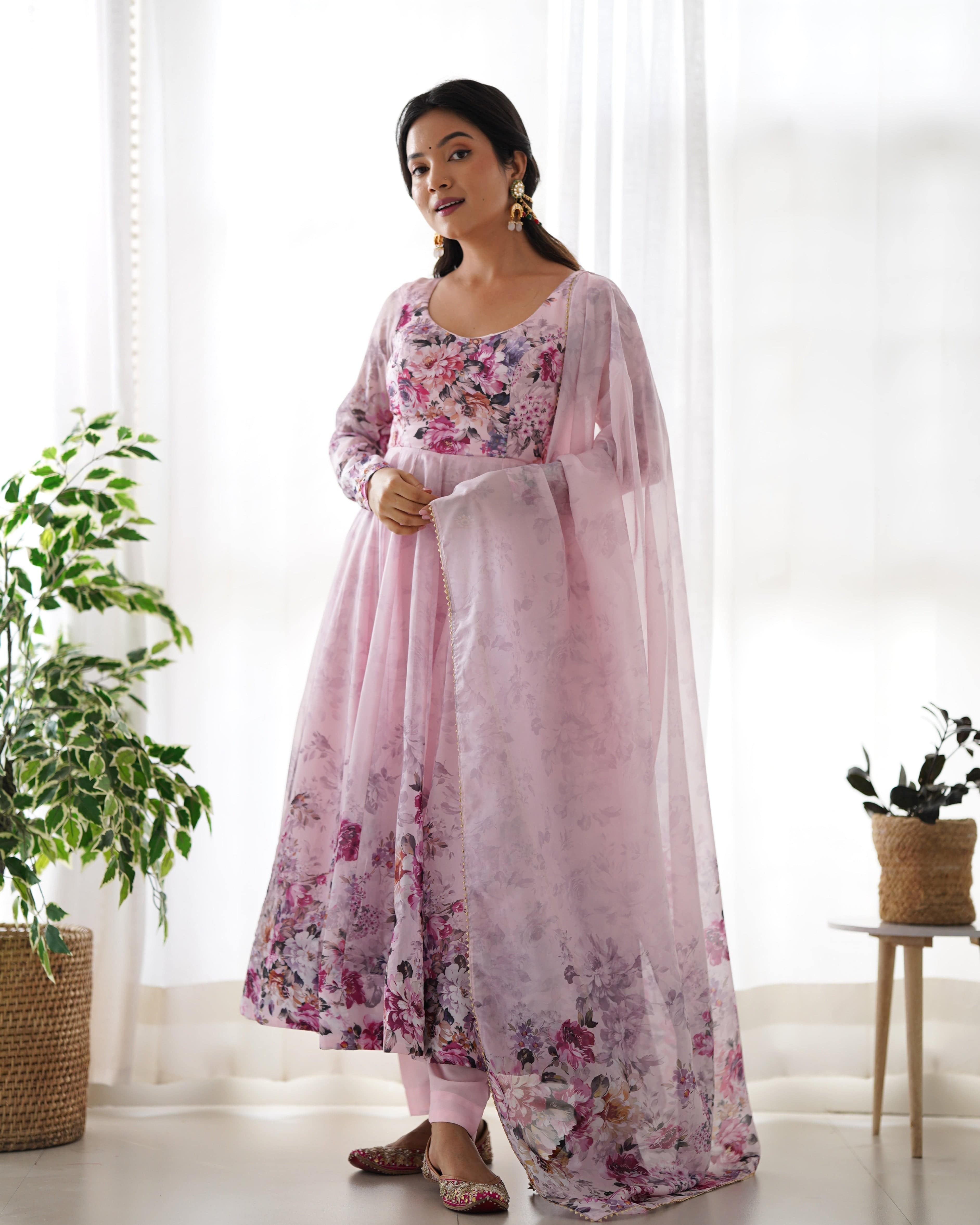 Colorful Lightweight Organza Silk Anarkali Set with Dupatta & Pants ā Perfect for Festivities!