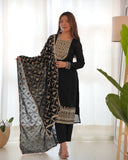 Black Embroidered Straight-fit Pure Blooming Vichitra Silk Kurta With Dupatta Set & Trousers
