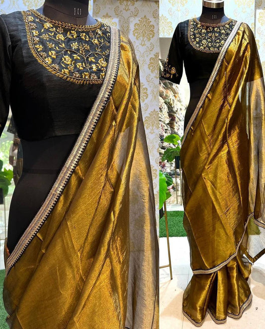 "Elegant Golden Tissue Saree with Lace Border & Embroidered Black Blouse – Festive & Party Wear"