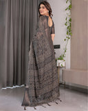 Charcoal Black Handloom Linen Saree with Ivory Tribal Bandhani Print & Zari Border | Tassel Pallu | 5.5m Saree + 0.8m Blouse