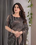 Charcoal Black Handloom Linen Saree with Ivory Tribal Bandhani Print & Zari Border | Tassel Pallu | 5.5m Saree + 0.8m Blouse