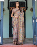 Mauve Beige Handloom Cotton Saree with Pastel Floral Print & Royal Tree-Elephant Pallu