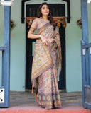 Mauve Beige Handloom Cotton Saree with Pastel Floral Print & Royal Tree-Elephant Pallu