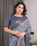 Slate Blue Handloom Linen Floral Printed Saree with Zari Border & Paisley Pallu | 5.5m Saree with 0.8m Blouse Piece | Tassel Finish