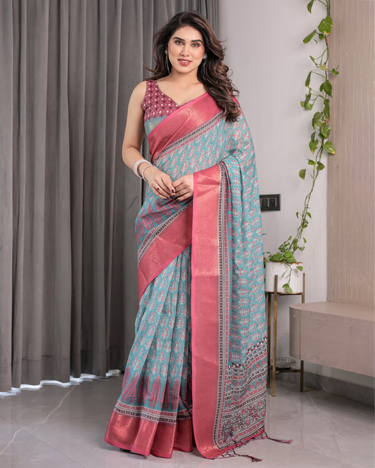 Teal Blue & Rani Pink Handloom Linen Saree with Ethnic Floral Print, Zari Border & Rich Pallu | Tassel Finish | 5.5m Saree + 0.8m Blouse