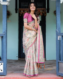 Lavender Beige Handloom Cotton Saree with Floral Vine Print & Majestic Peacock Pallu