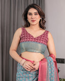 Teal Blue & Rani Pink Handloom Linen Saree with Ethnic Floral Print, Zari Border & Rich Pallu | Tassel Finish | 5.5m Saree + 0.8m Blouse