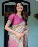 Lavender Beige Handloom Cotton Saree with Floral Vine Print & Majestic Peacock Pallu