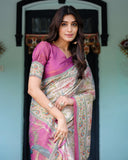 Lavender Beige Handloom Cotton Saree with Floral Vine Print & Majestic Peacock Pallu