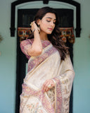 Beige Mauve Handloom Cotton Saree with Subtle Ramayan Print and Heritage Motif Pallu
