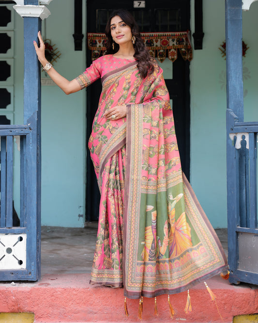 Coral Pink Handloom Cotton Saree with Traditional Folk Procession Print & Classical Dance Pallu