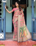 Coral Pink Handloom Cotton Saree with Traditional Folk Procession Print & Classical Dance Pallu