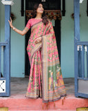 Coral Pink Handloom Cotton Saree with Traditional Folk Procession Print & Classical Dance Pallu