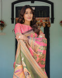 Coral Pink Handloom Cotton Saree with Traditional Folk Procession Print & Classical Dance Pallu