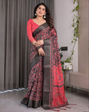 Crimson Red & Black Handloom Linen Saree with Traditional Paisley & Floral Buti Print | Antique Zari Border | 5.5m Saree + 0.8m Blouse
