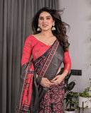 Crimson Red & Black Handloom Linen Saree with Traditional Paisley & Floral Buti Print | Antique Zari Border | 5.5m Saree + 0.8m Blouse