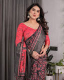 Crimson Red & Black Handloom Linen Saree with Traditional Paisley & Floral Buti Print | Antique Zari Border | 5.5m Saree + 0.8m Blouse