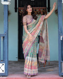 Green Lavender Handloom Cotton Saree with Floral Vines & Heritage Village Pallu