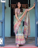 Green Lavender Handloom Cotton Saree with Floral Vines & Heritage Village Pallu