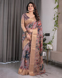 Dusty Mauve Saree with Madhubani Fish Motifs & Antique Zari Border | Cultural Art Digital Print | 5.5m Saree + 0.8m Blouse Piece
