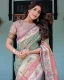 Green Lavender Handloom Cotton Saree with Floral Vines & Heritage Village Pallu