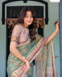 Green Lavender Handloom Cotton Saree with Floral Vines & Heritage Village Pallu