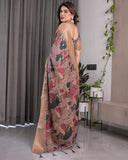 Dusty Mauve Saree with Madhubani Fish Motifs & Antique Zari Border | Cultural Art Digital Print | 5.5m Saree + 0.8m Blouse Piece