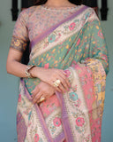 Green Lavender Handloom Cotton Saree with Floral Vines & Heritage Village Pallu