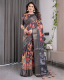 Black Organza-Feel Saree with Red & Grey Floral Digital Prints and Zari Border | Festive Lightweight Drape | 5.5m Saree + 0.8m Blouse Piece
