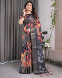 Black Organza-Feel Saree with Red & Grey Floral Digital Prints and Zari Border | Festive Lightweight Drape | 5.5m Saree + 0.8m Blouse Piece