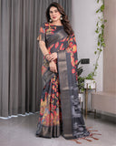 Black Organza-Feel Saree with Red & Grey Floral Digital Prints and Zari Border | Festive Lightweight Drape | 5.5m Saree + 0.8m Blouse Piece