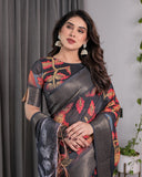 Black Organza-Feel Saree with Red & Grey Floral Digital Prints and Zari Border | Festive Lightweight Drape | 5.5m Saree + 0.8m Blouse Piece