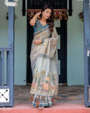 Icy Blue Handloom Cotton Saree with Peach Elephant Motifs & Royal Procession Pallu