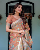 Terracotta Handloom Cotton Saree with Blooming Floral Print & Madhubani Fish Pallu