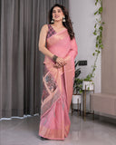 Peach Handloom Cotton Saree with Illustrated Story Panel Prints & Zari Border | Artistic Ethnic Wear | 5.5m Saree + 0.8m Blouse Piece