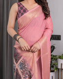 Peach Handloom Cotton Saree with Illustrated Story Panel Prints & Zari Border | Artistic Ethnic Wear | 5.5m Saree + 0.8m Blouse Piece