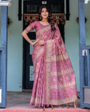 Plum Rose Handloom Cotton Saree with Floral Buttas & Traditional Peacock Medallion Pallu
