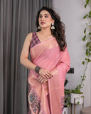 Peach Handloom Cotton Saree with Illustrated Story Panel Prints & Zari Border | Artistic Ethnic Wear | 5.5m Saree + 0.8m Blouse Piece