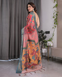 Multicolor Handloom Cotton Saree with Rajasthani Folk Dance Digital Print & Contrast Zari Border | Artistic Cultural Drape | 5.5m Saree + 0.8m Blouse