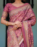 Plum Rose Handloom Cotton Saree with Floral Buttas & Traditional Peacock Medallion Pallu